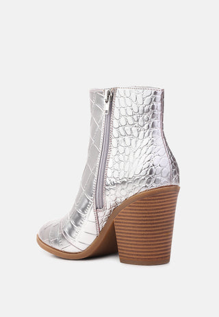 avishag snake skin print block stacked heel ankle boots