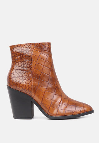 avishag snake skin print block stacked heel ankle boots