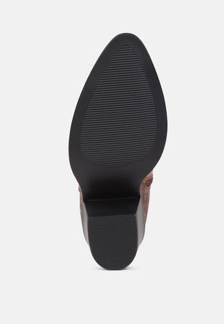 avishag snake skin print block stacked heel ankle boots