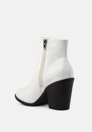 avishag snake skin print block stacked heel ankle boots