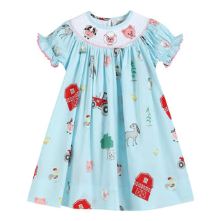 Barnyard Print Farm Animal Smocked Bishop Dress