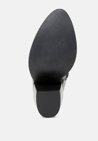 brises crinkle patent pointed toe ankle boots with block heel