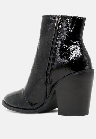 brises crinkle patent pointed toe ankle boots with block heel