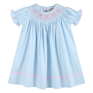 Blue and Pink Bow Smocked Bishop Dress