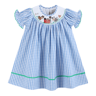 Blue Gingham Farm Smocked Bishop Dress