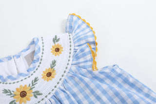 Blue Gingham Sunflower Smocked Bishop Dress