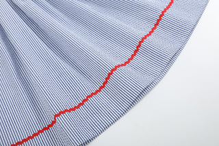 Blue Seersucker Baseball Smocked Bishop Dress