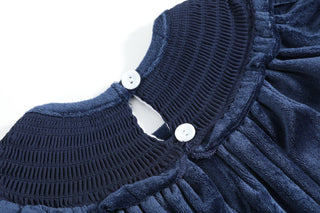 Blue Velvet Silver Bows Smocked Ruffle Bishop Dress