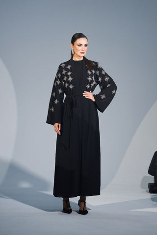 Handmade Crystal Embellished Motifs Abaya-Kimono - By Baano