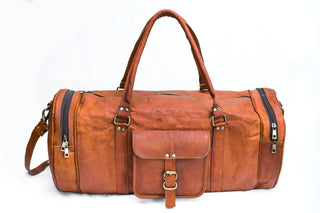Vintage Leather Duffle Bag for Travel or the Gym,- Brown- Round