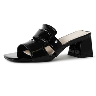 Deborah | Black Patent Heels by J.Adams with dual strap detail and square toe, ideal for stylish casual or evening wear.