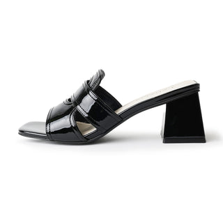Deborah | Black Patent Heels featuring a glossy black finish, open toe design, and geometric block heel for modern elegance.