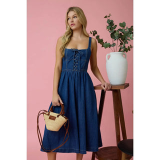 Lace Up Sleeveless Denim Midi Dress with Pockets