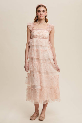 Delicate Floral Embroidered Lace Maxi Dress: Mute Pink