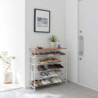 Rolling Five-Tier Shoe Rack (" H) - Steel + Wood - By Baano