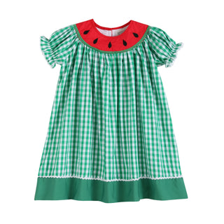 Green Gingham Watermelon Collar Bishop Dress