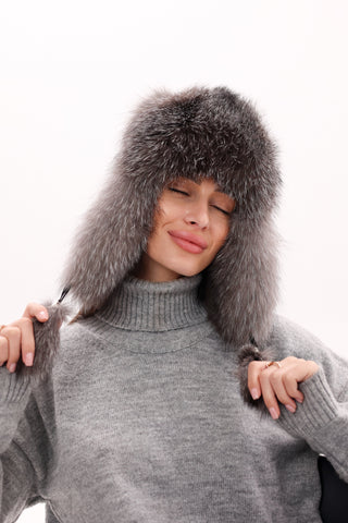 Genuine Silver Fox Fur Genuine Leather Hat