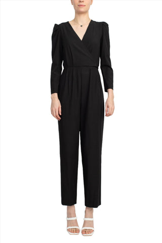 Julia Jordan V - Neck Long Sleeve Tie Back Zipper Back Solid Stretch Crepe Jumpsuit - Glamourous Grace