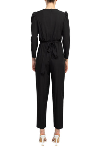 Julia Jordan V - Neck Long Sleeve Tie Back Zipper Back Solid Stretch Crepe Jumpsuit - Glamourous Grace