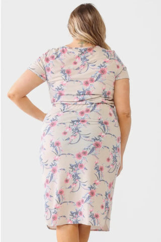 Plus Floral Print Short Sleeve Crew Neck Midi Dress