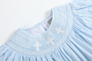 Light Blue Crosses Smocked Bishop Dress