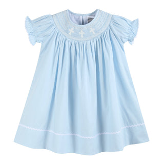 Light Blue Crosses Smocked Bishop Dress