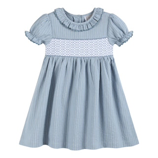 Light Blue Pinstripe Smocked Ruffle Dress