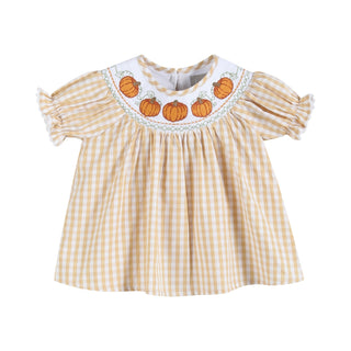 Light Brown Gingham Pumpkin Vine Dress and Bloomer Set