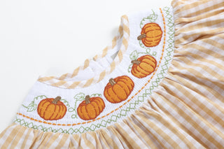 Light Brown Gingham Pumpkin Vine Dress and Bloomer Set
