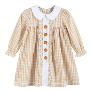 Light Brown Gingham Pumpkin Vine Ruffle Dress