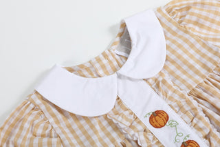 Light Brown Gingham Pumpkin Vine Ruffle Dress