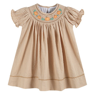Light Brown Pinstripe Pumpkin Smocked Bishop Dress