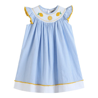 Light Blue Striped Lemons Smocked Bishop Dress