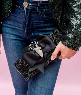 Colette - Black Grosgrain Bow & Rhinestone Adornment