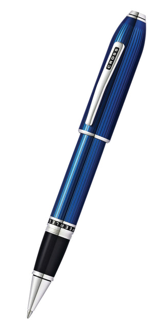 Peerless™ Translucent Quartz Blue Engraved Lacquer Platinum Plated Appointments Rollerball Pen - By Baano