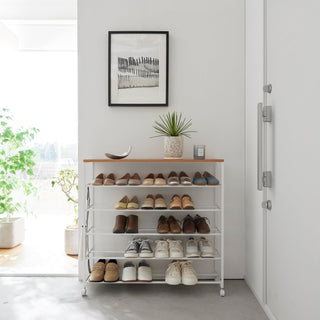 Rolling Five-Tier Shoe Rack (" H) - Steel + Wood - By Baano