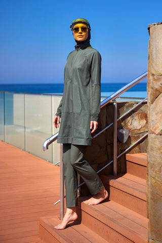 Khaki Full Coverage Tulle Detail Modest Swimwear Burkini Set M2534-3 - By Baano