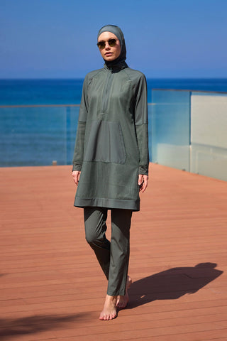 Khaki Full Coverage Tulle Detail Modest Swimwear Burkini Set M2534-3 - By Baano