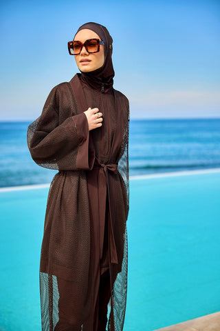 Brown Modest Full Coverage Mesh Kimono – Marina P2501-4 - By Baano