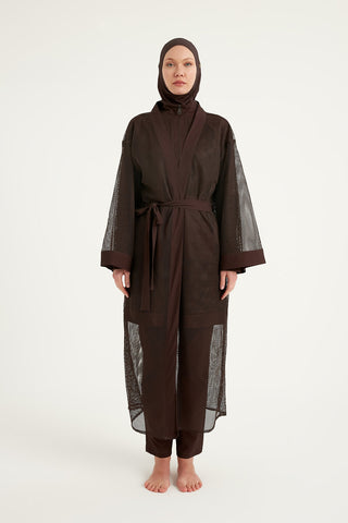 Brown Modest Full Coverage Mesh Kimono – Marina P2501-4 - By Baano