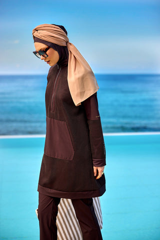 Brown Full Coverage Tulle Detail Modest Swimwear Burkini Set M2534-4 - By Baano