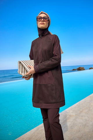 Brown Full Coverage Tulle Detail Modest Swimwear Burkini Set M2534-4 - By Baano