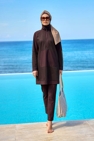 Brown Full Coverage Tulle Detail Modest Swimwear Burkini Set M2534-4 - By Baano