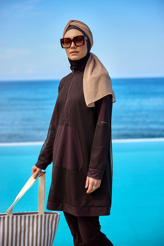 Brown Full Coverage Tulle Detail Modest Swimwear Burkini Set M2534-4 - By Baano