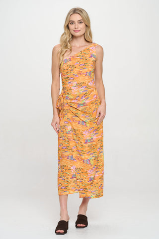 Golden Shoreline One Shoulder Wrap Midi Dress