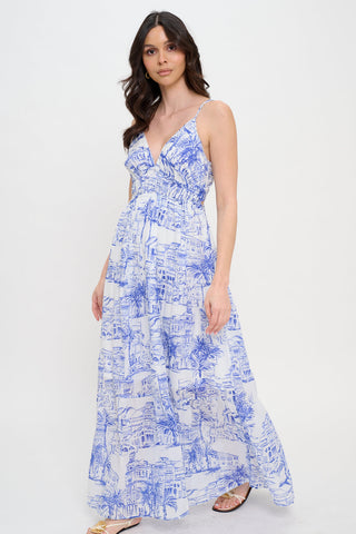 Santorini Coastal Sketch Maxi Dress