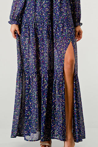 V Neck Long Sleeve Slit Front Tiered Maxi Dress