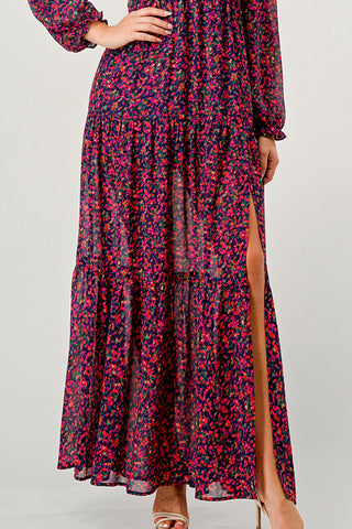 V Neck Long Sleeve Slit Front Tiered Maxi Dress