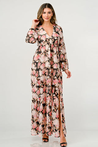 V Neck Long Sleeve Slit Front Tiered Maxi Dress