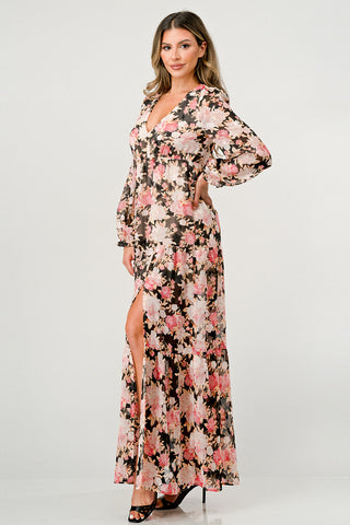 V Neck Long Sleeve Slit Front Tiered Maxi Dress